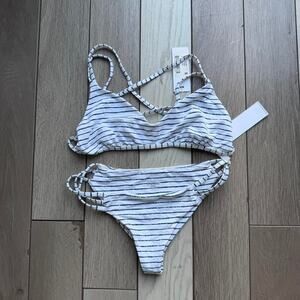 White and blue striped bikini